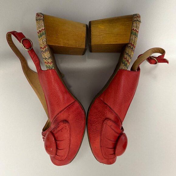 Miz Mooz Violin Red Leather Slingback Peep Toe Wood Block Heels Size 10 Pinup - Picture 8 of 11